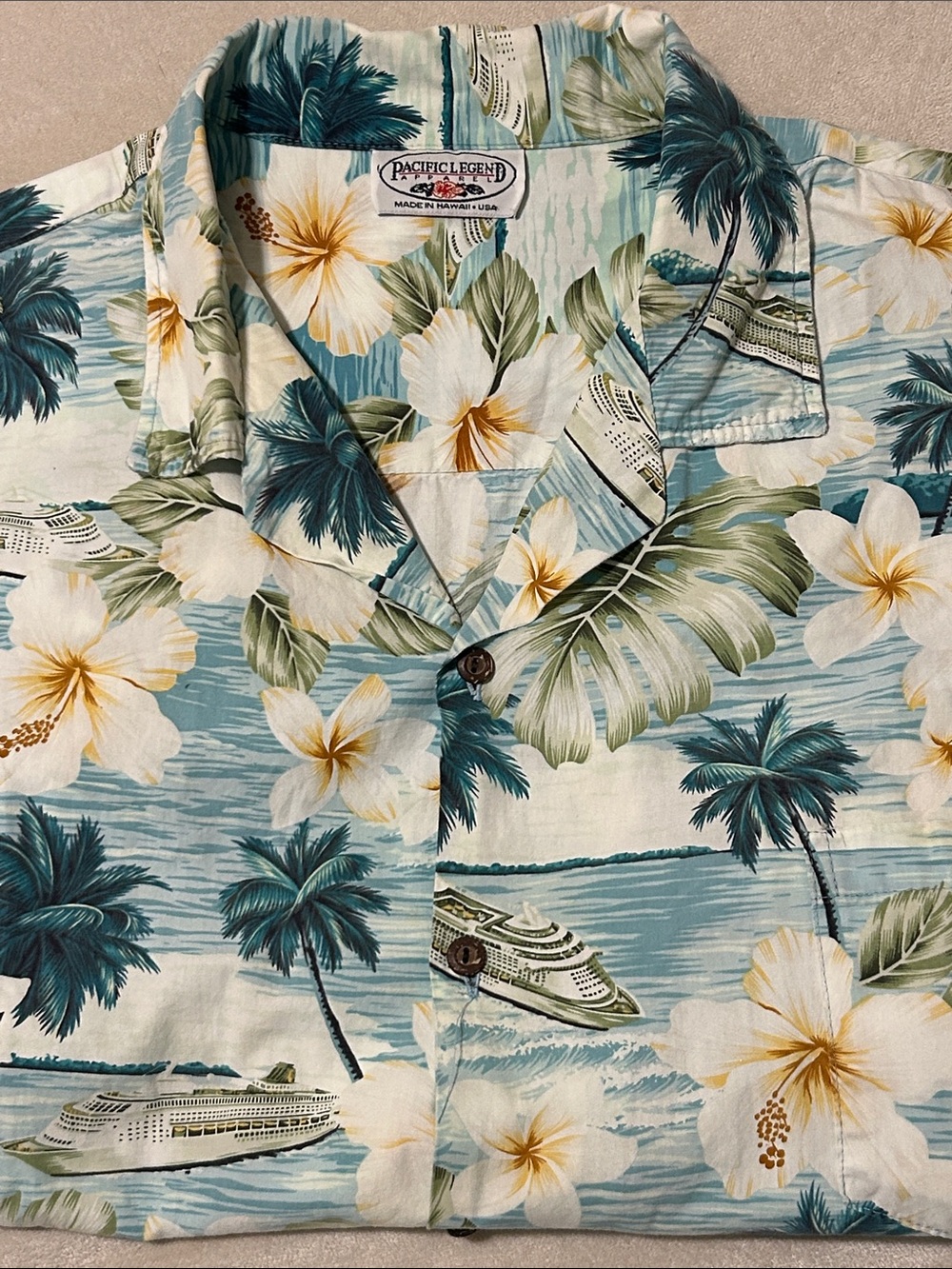 Pacific Legend Men 3XL Hawaiian Shirt Blue Cruise Ship Palm Tree Hibiscus Cotton